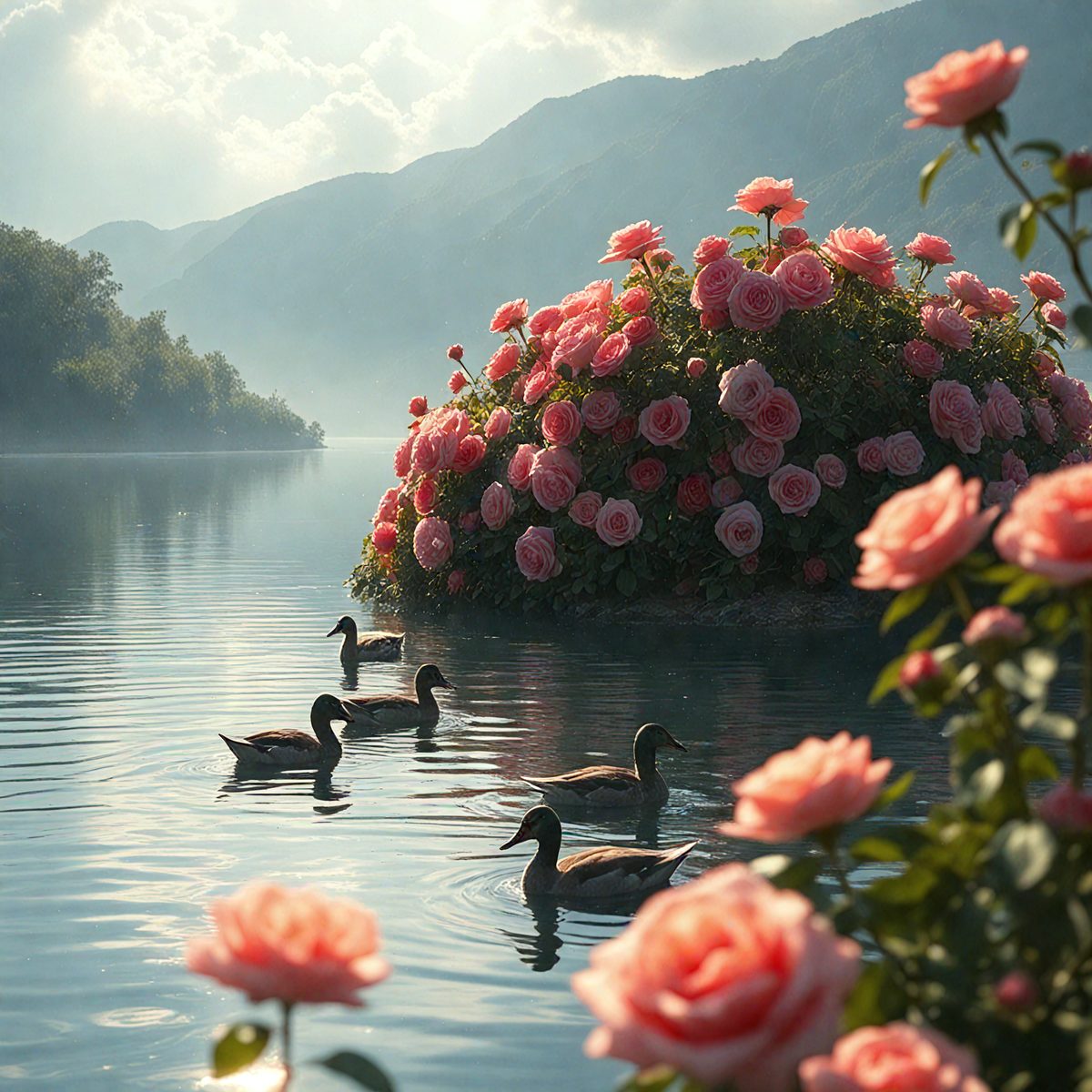 The primary subject of the image is a group of ducks swimming in a body of water, which appears to be a lake. The ducks are floating on the water, and there are several of them scattered throughout the scene. The setting is a serene, natural environment with a beautiful backdrop of a mountain covered in pink flowers. The visual style of the image is a combination of photo and digital art, creating a realistic yet artistic representation of the scene. The colors and mood of the image are predominantly calm and peaceful, with the pink flowers adding a touch of warmth and beauty to the overall atmosphere.